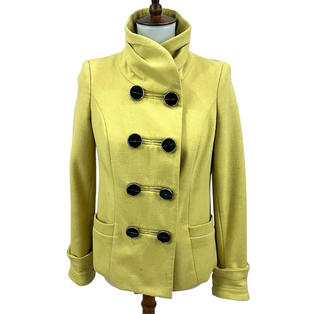 The Limited Chartreuse Wool Blend Double Breasted Military Button Pea Coat